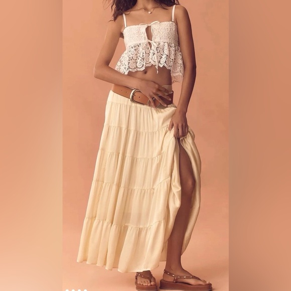 Anthropologie Tiered Petticoat Midi Maxi Skirt Elastic Waist Lined Yellow - Picture 1 of 8